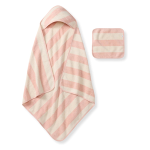 2-Piece Pink Striped Baby Hooded Bath Towel and Washcloth Set