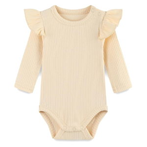 Baby Girls Cream Ribbed Long-Sleeve Flutter Sleeve Bodysuit