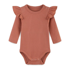 Baby Girls Terracotta Ribbed Long-Sleeve Ruffle Bodysuit