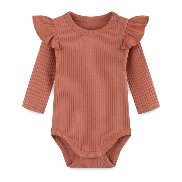 Baby Girls Terracotta Ribbed Long-Sleeve Ruffle Bodysuit