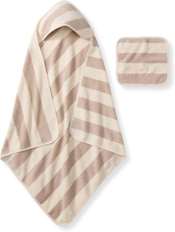 2-Piece Pink Striped Baby Hooded Bath Towel and Washcloth Set