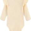 Baby Girls Cream Ribbed Long-Sleeve Flutter Sleeve Bodysuit